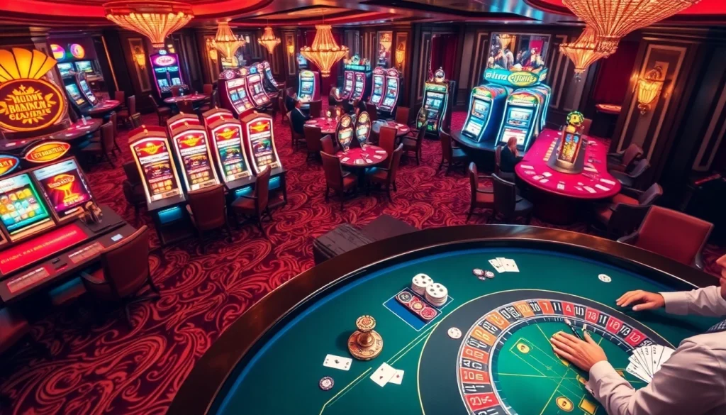 Experience the thrill at e28 casino with vibrant games, players, and luxurious tables in an upscale atmosphere.