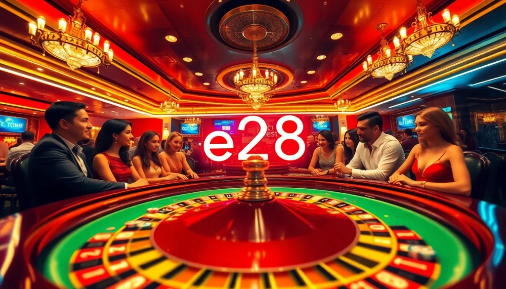 Thrilling moment in a casino with a roulette wheel; e28 sign brings excitement to gambling.