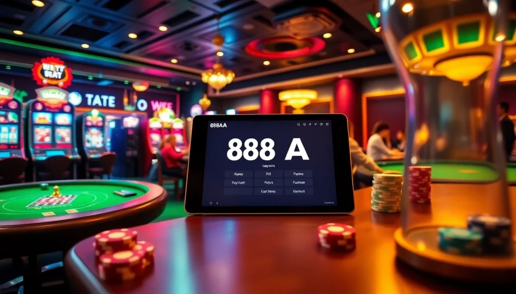 Experience the excitement of 88AA đăng nhập as players interact with vibrant slot machines and roulette tables in a lively casino setting.