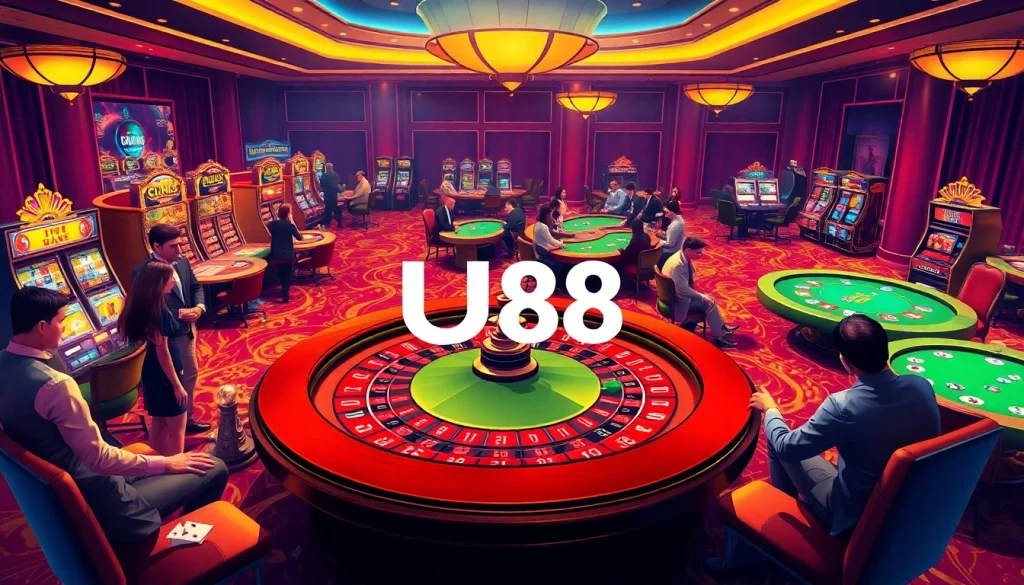 Exciting scene at UU88 casino featuring roulette and poker tables, showcasing vibrant gambling action.