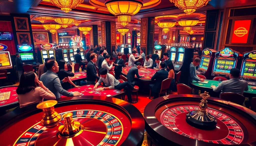 호치민 불건마 enhances the thrill of gambling, featuring busy casino tables with players and vibrant slot machines.