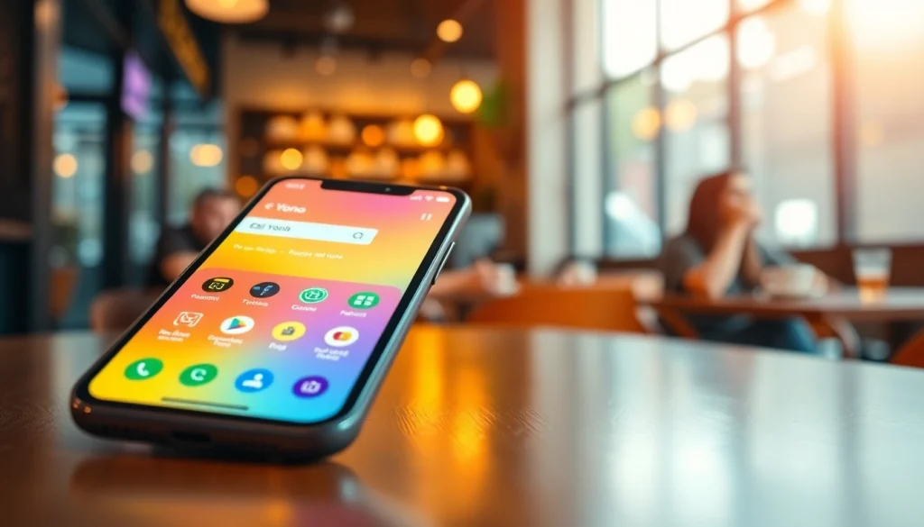 Engaging view of the All Yono App on a smartphone in a café, showcasing vibrant app features.