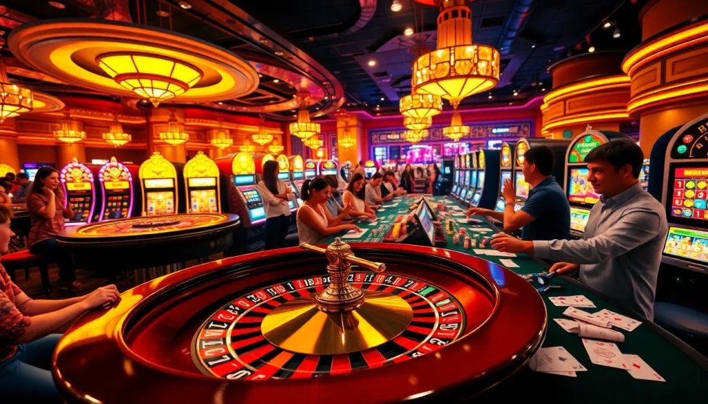 Players experiencing the thrill of jogoluck at a bustling casino table with a roulette wheel, vibrant chips, and exciting gameplay.