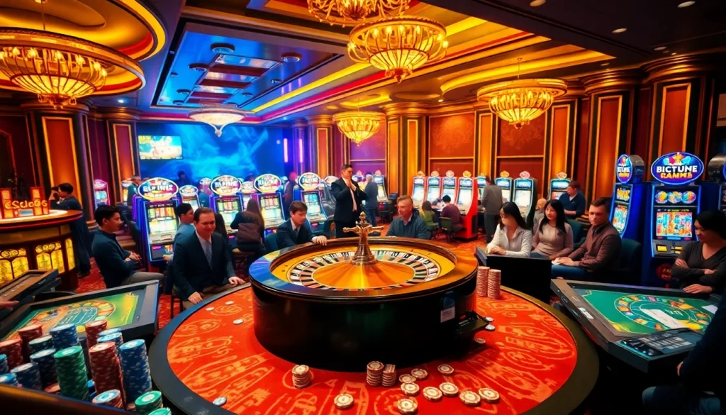 Experience the excitement of bdg game login at a lavish casino with players at roulette and slot machines.