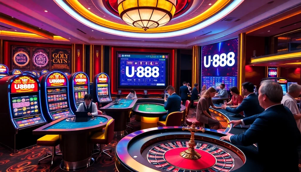 Experience the thrilling atmosphere of U 888 casino with vibrant slot machines, live dealers, and roulette excitement.