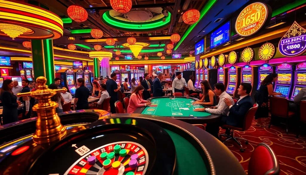Explore thrilling casino action at https://hz88.my/ with vibrant roulette tables, excited players, and shining slot machines.